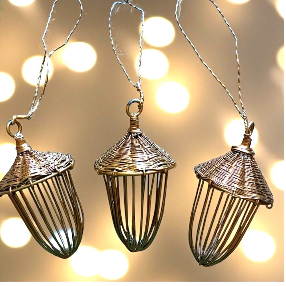 3 VTG Wire Woven Acorn Christmas Ornaments Brass Metal Handcrafted Rustic Decor